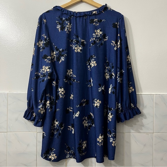 Melloday 2XL Blue Peasant Floral 3/4 sleeve Pullover Fairy Boho Ruffle Top - Picture 5 of 8